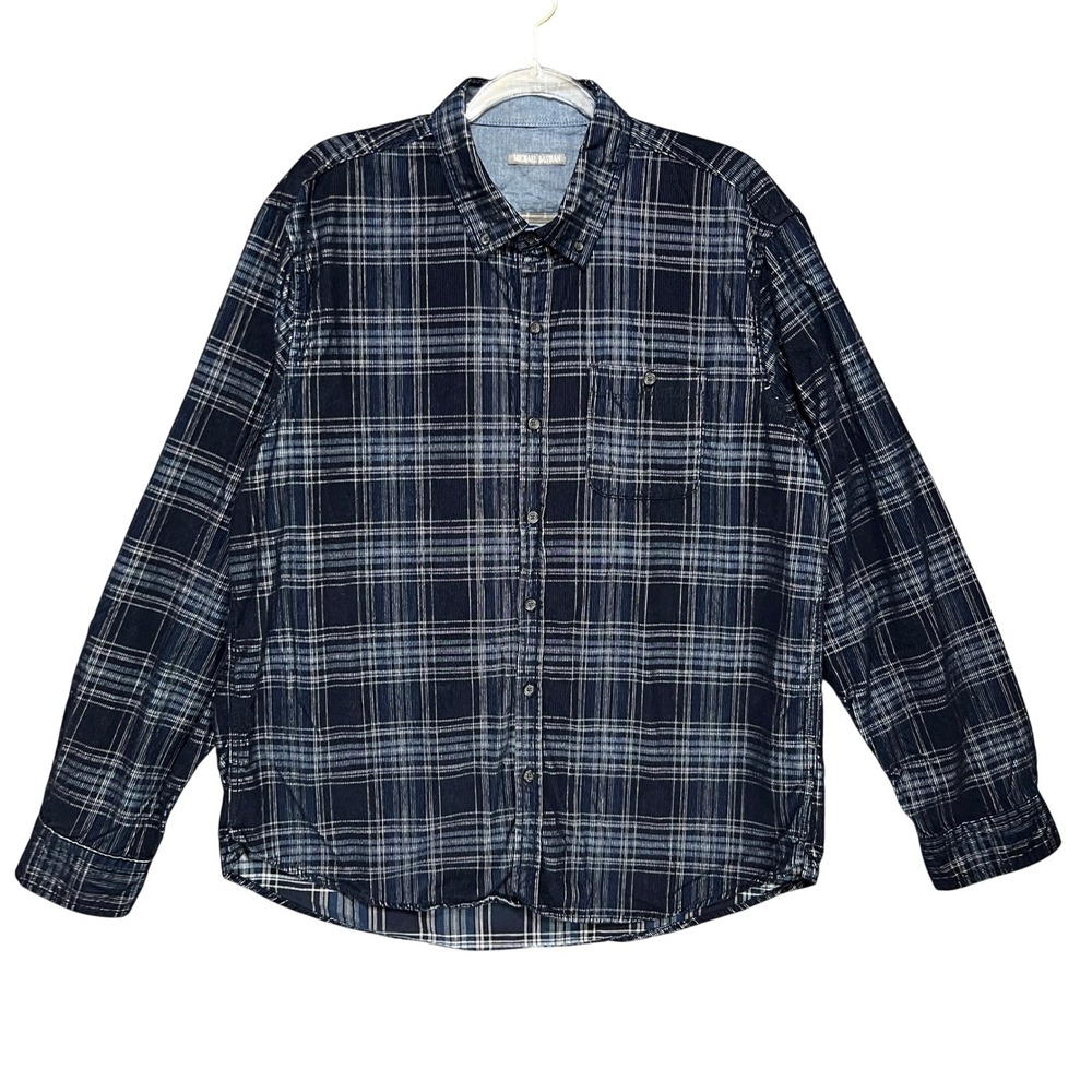 Michael Bastian Mens XL Navy Blue Plaid Corduroy Button Down Shirt Soft Grunge
